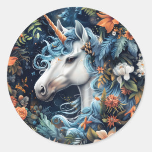 Unicorn and flowers fantasy design classic round sticker