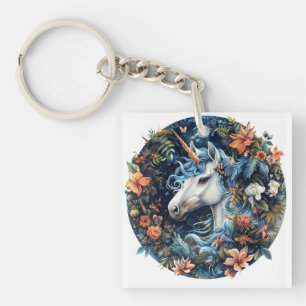 Unicorn and flowers fantasy design key ring