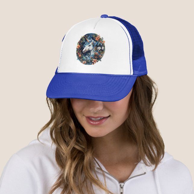 Unicorn and flowers fantasy design trucker hat (In Situ)