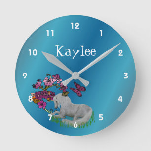 Unicorn And Flowers Personalised Name Round Clock