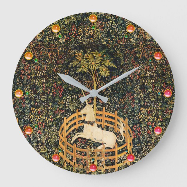 UNICORN AND GOTHIC FANTASY FLOWERS,FLORAL MOTIFS LARGE CLOCK (Front)