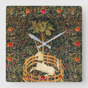 UNICORN AND GOTHIC FANTASY FLOWERS,FLORAL MOTIFS SQUARE WALL CLOCK
