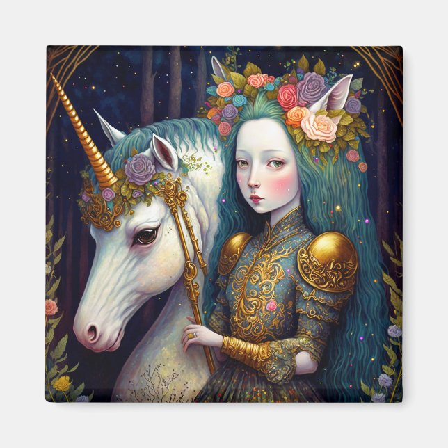 Unicorn and Lady Fantasy Art Magnet (Front)