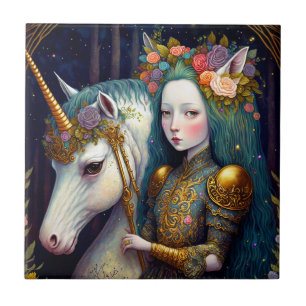 Unicorn and Lady Fantasy Art Tile
