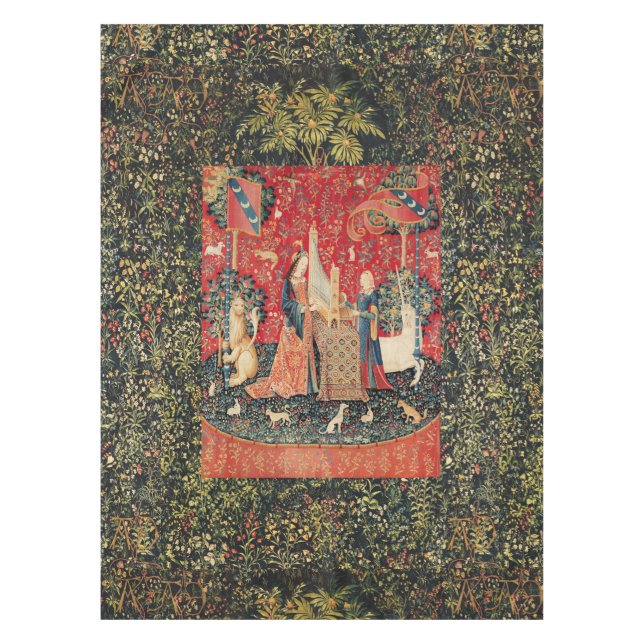 UNICORN AND LADY PLAYING ORGAN,ANIMALS Red Green Tablecloth (Front)