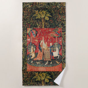 , UNICORN AND LADY PLAYING ORGAN FLORAL Red Green Beach Towel