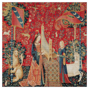 UNICORN AND LADY PLAYING ORGAN Red Green Floral Fabric
