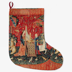UNICORN AND LADY PLAYING ORGAN Red Green Floral Large Christmas Stocking