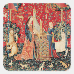 UNICORN AND LADY PLAYING ORGAN Red Green Floral Square Sticker