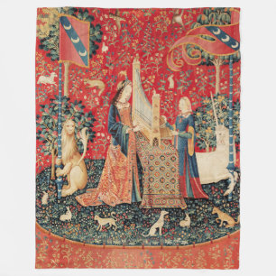 UNICORN AND LADY PLAYING ORGAN WITH ANIMALS FLEECE BLANKET