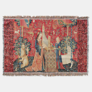 UNICORN AND LADY PLAYING ORGAN WITH ANIMALS THROW BLANKET