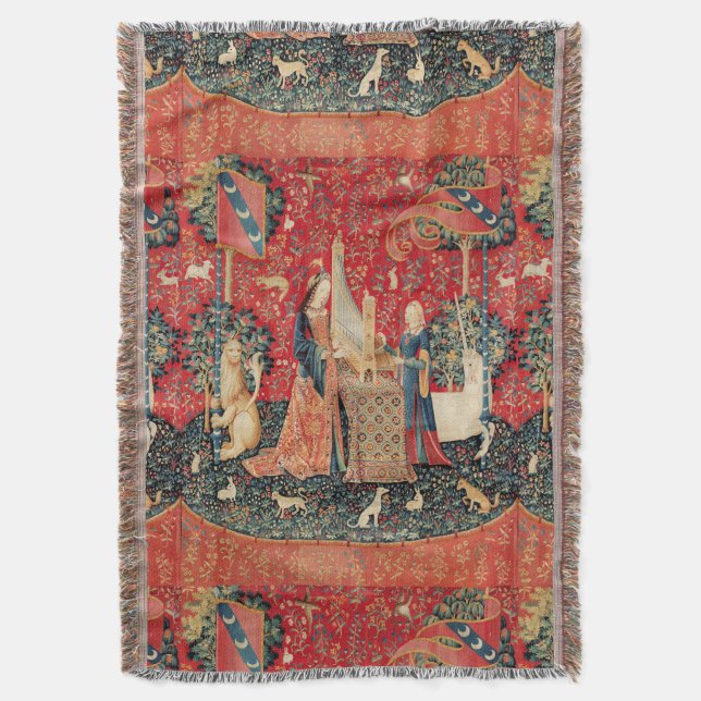 UNICORN AND LADY PLAYING ORGAN WITH ANIMALS THROW BLANKET (Front Vertical)