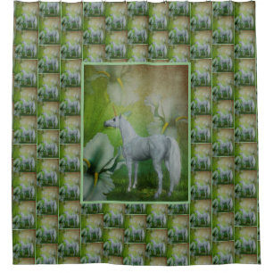 Unicorn And Lily Flowers    Shower Curtain