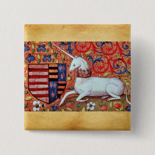 UNICORN AND MEDIEVAL FANTASY FLOWERS,FLORAL MOTIFS 15 CM SQUARE BADGE