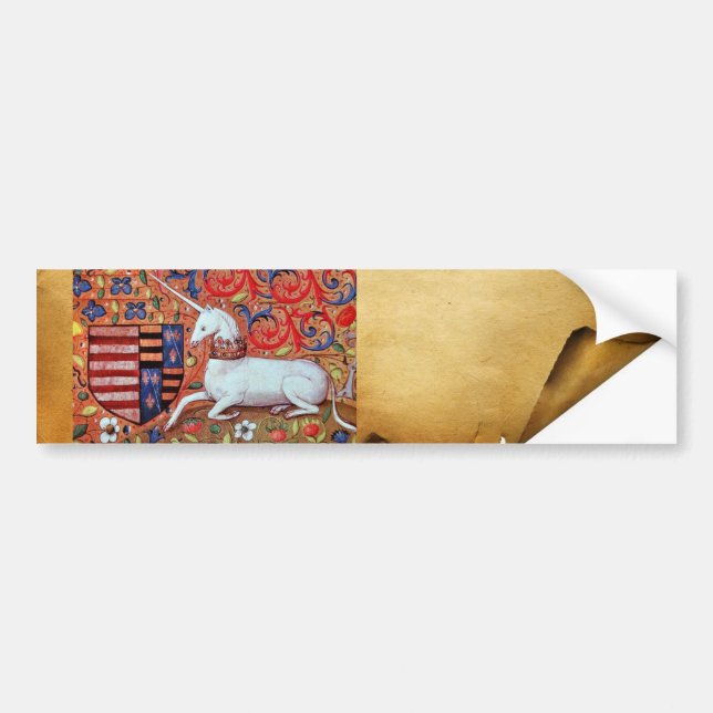 UNICORN AND MEDIEVAL FANTASY FLOWERS,FLORAL MOTIFS BUMPER STICKER (Front)