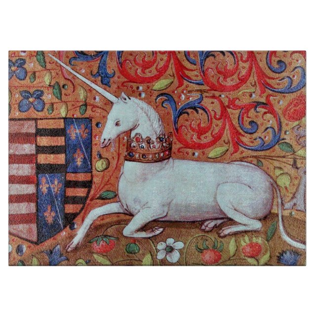 UNICORN AND MEDIEVAL FANTASY FLOWERS,FLORAL MOTIFS CUTTING BOARD (Front)