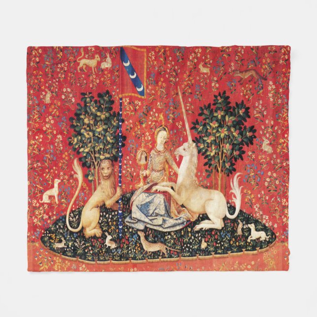 UNICORN AND MEDIEVAL FANTASY FLOWERS,FLORAL MOTIFS FLEECE BLANKET (Front (Horizontal))