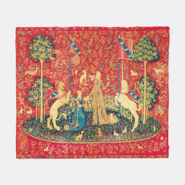 UNICORN AND MEDIEVAL FANTASY FLOWERS,FLORAL MOTIFS FLEECE BLANKET (Front (Horizontal))