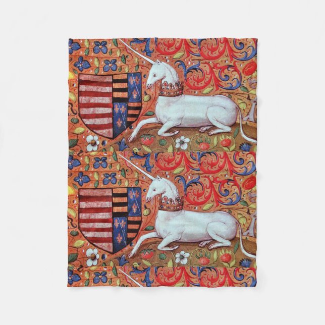 UNICORN AND MEDIEVAL FANTASY FLOWERS,FLORAL MOTIFS FLEECE BLANKET (Front)