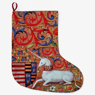 UNICORN AND MEDIEVAL FANTASY FLOWERS,FLORAL MOTIFS LARGE CHRISTMAS STOCKING