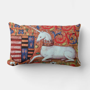 UNICORN AND MEDIEVAL FANTASY FLOWERS,FLORAL MOTIFS LUMBAR CUSHION