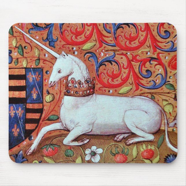 UNICORN AND MEDIEVAL FANTASY FLOWERS,FLORAL MOTIFS MOUSE MAT (Front)