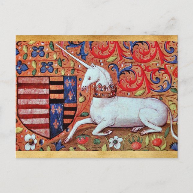 UNICORN AND MEDIEVAL FANTASY FLOWERS,FLORAL MOTIFS POSTCARD (Front)