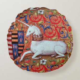 UNICORN AND MEDIEVAL FANTASY FLOWERS,FLORAL MOTIFS ROUND CUSHION