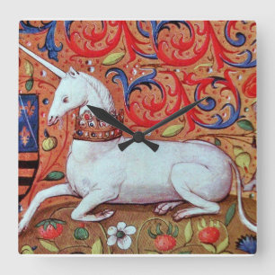 UNICORN AND MEDIEVAL FANTASY FLOWERS,FLORAL MOTIFS SQUARE WALL CLOCK