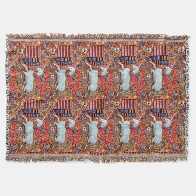 UNICORN AND MEDIEVAL FANTASY FLOWERS,FLORAL MOTIFS THROW BLANKET (Front)