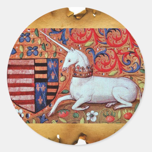 UNICORN AND MEDIEVAL FLOWERS,FANTASY FLORAL MOTIFS CLASSIC ROUND STICKER (Front)