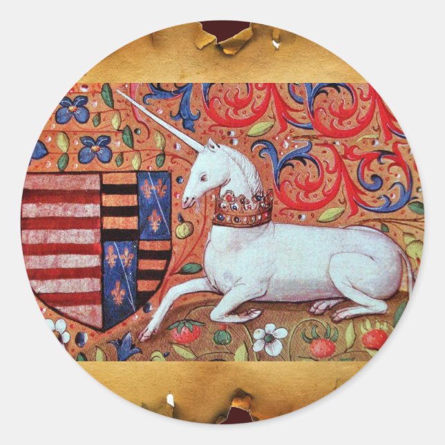 UNICORN AND MEDIEVAL FLOWERS,FANTASY FLORAL MOTIFS CLASSIC ROUND STICKER (Front)