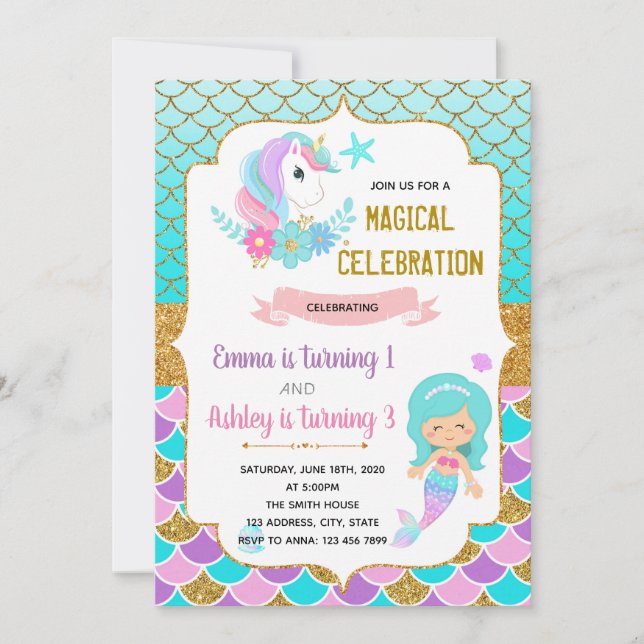 Unicorn and mermaid birthday invitation (Front)