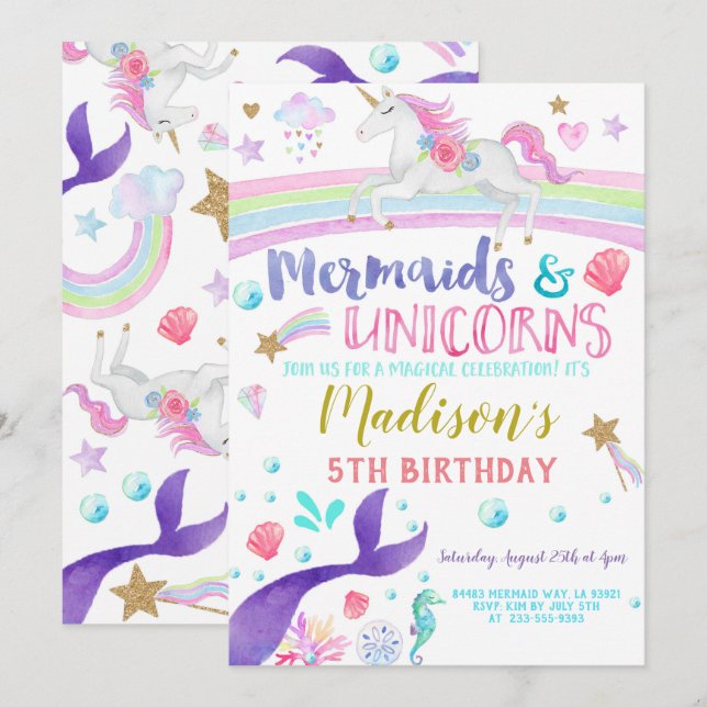 Unicorn and Mermaid invitation unicorns mermaids (Front/Back)