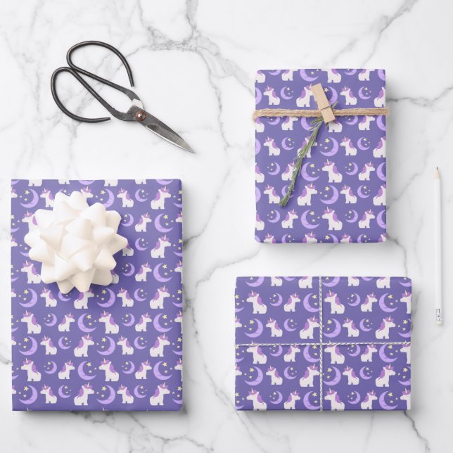 Unicorn and Moon Stars Pattern Purple Wrapping Paper Sheet (Front)