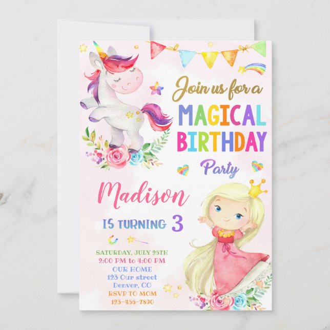 Unicorn and Princess birthday invitation (Front)