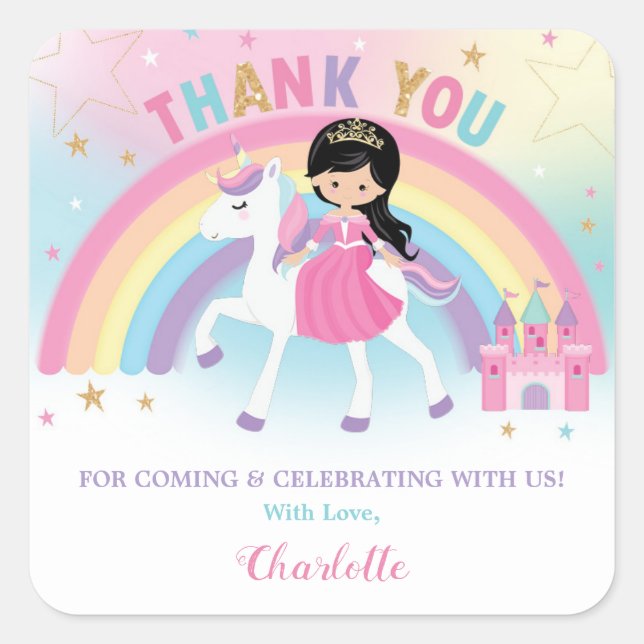 Unicorn and Princess Birthday Thank You Favor Square Sticker (Front)