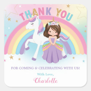Unicorn and Princess Birthday Thank You Favour Square Sticker