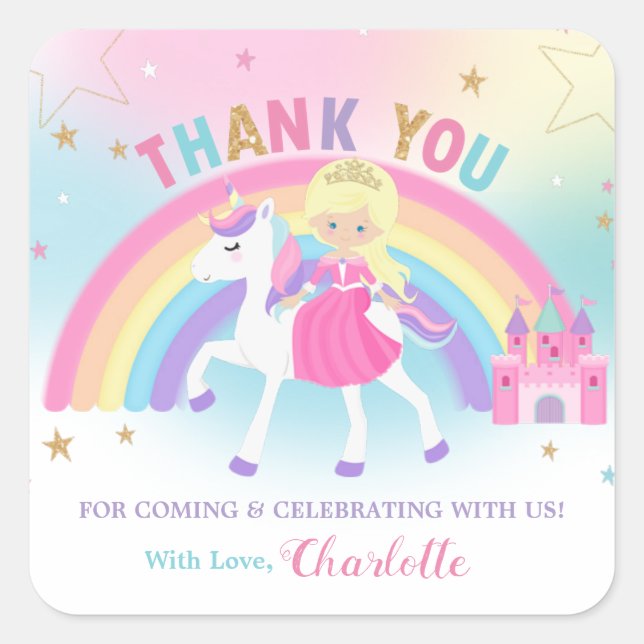 Unicorn and Princess Birthday Thank You Favour Square Sticker (Front)