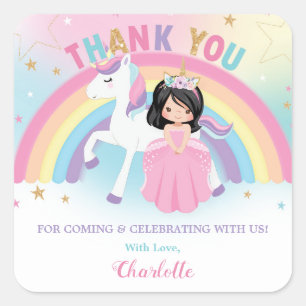 Unicorn and Princess Birthday Thank You Favour Square Sticker