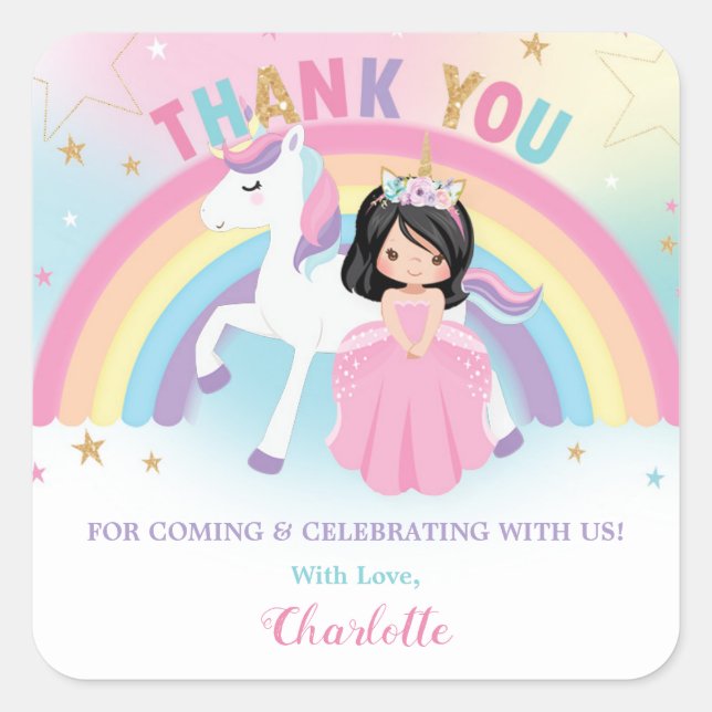 Unicorn and Princess Birthday Thank You Favour Square Sticker (Front)