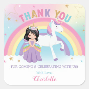 Unicorn and Princess Birthday Thank You Favour Square Sticker