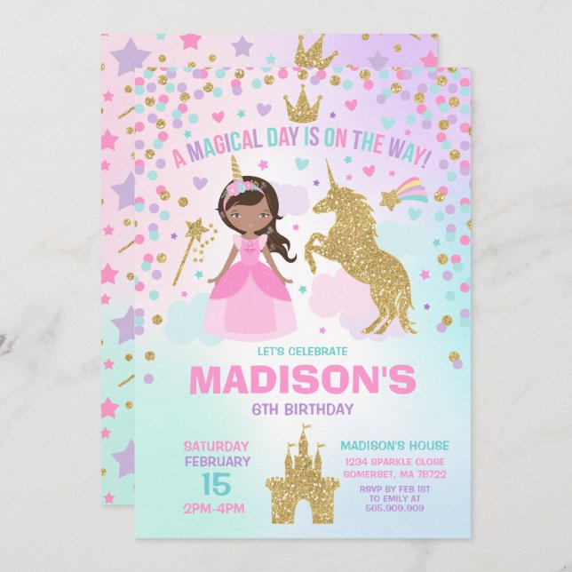 Unicorn And Princess Invitation Magical Birthday (Front/Back)