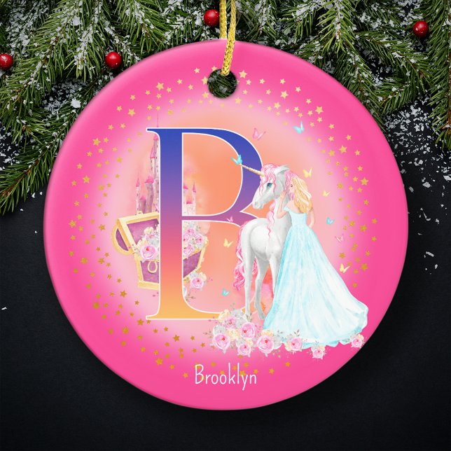 Unicorn and Princess Letter B Monogram Christmas Ceramic Tree Decoration (This pretty pink monogrammed Christmas ornament is perfect for your little princess!)