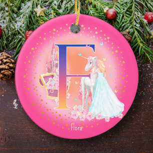 Unicorn and Princess Letter F Monogram Christmas Ceramic Tree Decoration