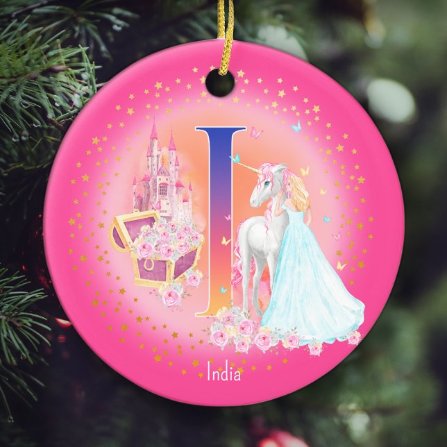 Unicorn and Princess Letter I Monogram Christmas Ceramic Tree Decoration (This pretty pink monogrammed Christmas ornament is perfect for your little princess!)
