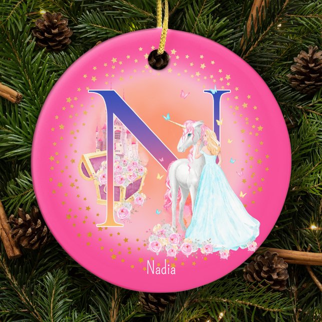 Unicorn and Princess Letter N Monogram Christmas Ceramic Tree Decoration (This pretty pink monogrammed Christmas ornament is perfect for your little princess!)