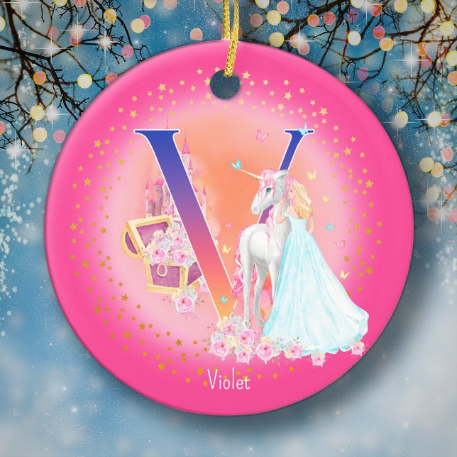 Unicorn and Princess Letter V Monogram Christmas Ceramic Tree Decoration (This pretty pink monogrammed Christmas ornament is perfect for your little princess!)