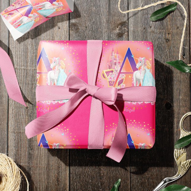 Unicorn and Princess with Castle Letter A Monogram Wrapping Paper (Creator Uploaded)