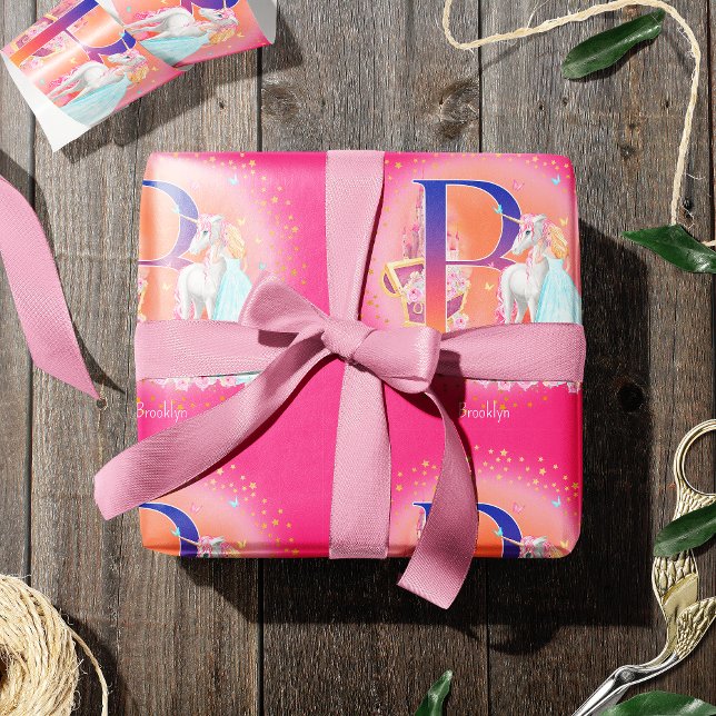 Unicorn and Princess with Castle Letter B Monogram Wrapping Paper (Creator Uploaded)